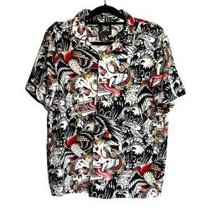 Ed Hardy Skull Tattoo Death Before Dishonor Print Button Up Shirt Men's Medium
